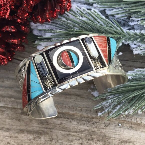 Don Dewa Zuni Sterling Silver Multi-stone SunFace Cuff Bracelet - Picture 7 of 9